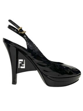 FENDI Patent Leather Slingback Logo Heel Peeptoe Sandals 37